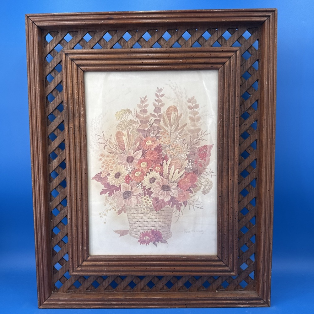 VTG Robert Laessig HOMCO Wood Lattice Frame Wall Art Floral Basket Cottagecore